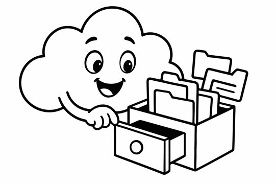 Playful Cloud Storage. Online storage concept children?s coloring book illustration, outlined drawing, a cheerful cloud opening a small drawer full of simple
