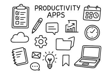 Productivity Icons Doodle. Productivity apps. Hand-drawn doodle illustration Productivity apps clipboard, checklist, calendar, clock, pencil, notepad, cloud,