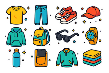 Casual Outfit Icons. Everyday casual outfits. Colorful isometric vector icons set of Everyday casual outfits: worn T-shirt, denim jeans, sneakers, baseball