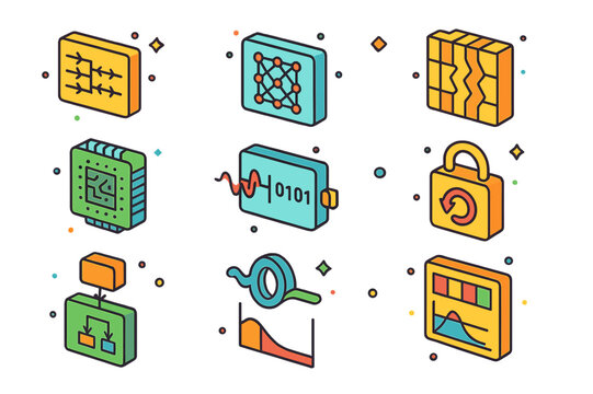 Signal Processing Icons. Signal processing and coding. Colorful isometric vector icons set of Signal processing and coding: convolutional coder, LDPC decoder,