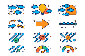 Obraz premium Isometric Synchronization Icons. Synchronization and energetics. Colorful isometric vector icons set of Synchronization and energetics: phase-matched