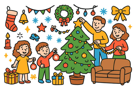 Family Holiday Decorating. family decorating. Colorful Hand-drawn doodle Children illustration family decorating family, Christmas tree, ornaments, lights,