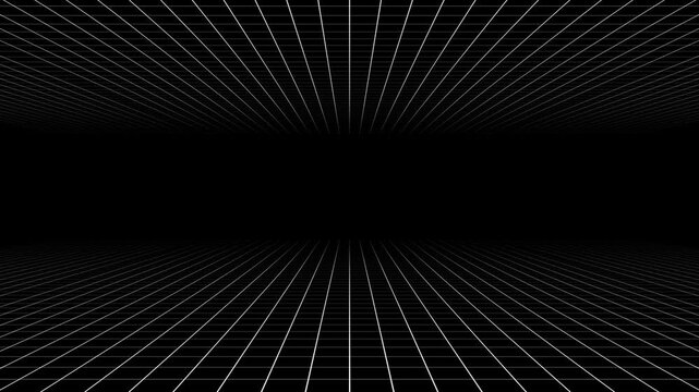 3D infinite white grid tunnel seamless loop animation with grid line top and bottom moving forward on black background. 4K animated background for tech intro, vj loop, editing, and motion graphics.