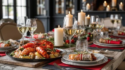 Naklejka premium Elegant holiday dining table with lobster and wine glasses in festive setting on Christmas