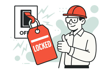 Safety Lockout Process. Safety Lockout/Tagout. A big red tag swings from a power switch reading ?LOCKED?, with a calm engineer giving a thumbs-up. Subtle