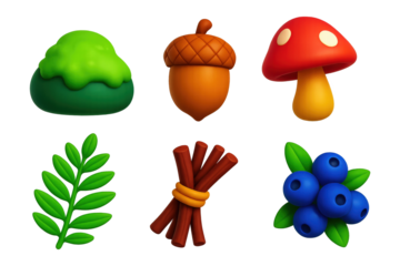 Forest Floor Icons. 3D icon set of forest floor finds: moss stone, acorn, mushroom, fern leaf, twig bundle, berry cluster. A set
