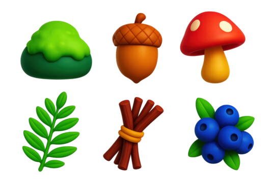 Forest Floor Icons. 3D icon set of forest floor finds: moss stone, acorn, mushroom, fern leaf, twig bundle, berry cluster. A set
