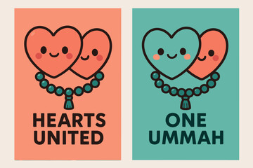 Fototapeta premium Kawaii Hearts Unity. Unity of Hearts. Two vertical A6 banners with safe margins, centered composition, no elements touching edges, kawaii, coral and teal,