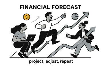 Fototapeta premium Financial Forecast Visualization. Pitch Deck ? Financial Forecast. A calm chart with steady upward lines; small coin and pie icons hover at key points. Caption