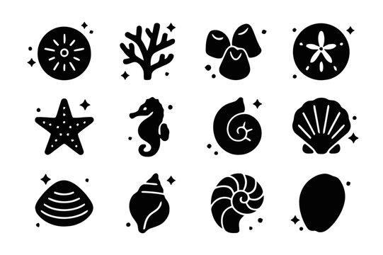 Coastal Marine Icons. Coastal Shells and Marine Life. Solid icons set of Coastal Shells and Marine Life: sea urchin test, coral branch, barnacle cluster, sand
