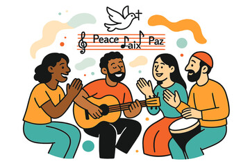 Harmony Through Music. Cultural Exchange & Music. A circle of people clap and sing with guitar and hand drum; lyric lines read ?Peace, Peace? in shared