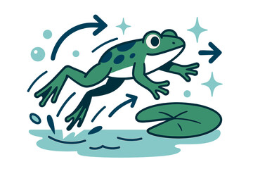 Obraz premium Froglet's Leap. Frog lifecycle. Froglet jumping from pond water onto lily pad with abstract floating arrows, bubbles, and sparkles; conveys transition, growth,