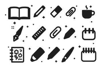 Fototapeta premium Black Sketchbook Icons. Sketchbook. Solid icons set of Sketchbook: open sketchbook, pencil, eraser, paintbrush, ink pen, ruler, paper clip, coffee cup, doodle