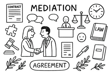 Naklejka premium Mediation Doodle Elements. Lawyers in mediation. Hand-drawn doodle illustration lawyers in mediation handshake, balance scale, mediator table, contract papers,