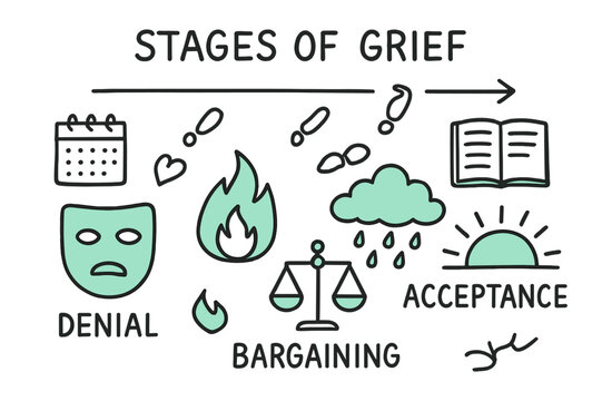 Stages of Grief Icons. // Stages of grief. Hand-drawn doodle illustration Stages of grief [denial mask (accented), anger flame (accented), bargaining scales