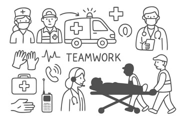 Emergency Teamwork Icons. Emergency response teamwork. Hand-drawn doodle illustration ambulance, paramedic, doctor, nurse, patient, stretcher, first aid kit,