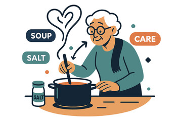 Elderly Cooking Love. Elderly ? Cooking for One. A senior stirs a pot on an orderly counter; labels ?salt?, ?soup?, ?care? hover neatly. Steam curls into
