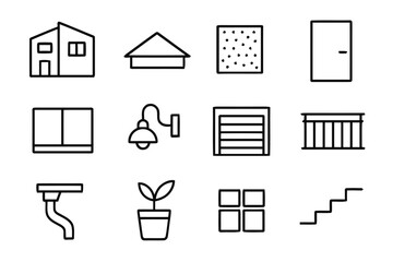 Black Exterior Icons. Black Exterior. Line icon set of Black Exterior: modern house facade, dark roof, matte wall texture, steel door, minimalist windows,