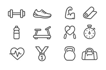 Fitness Icon Set. Fitness motivation. Line icon set of fitness motivation: dumbbell, running shoe, flexed bicep, yoga mat, water bottle, treadmill, jump rope,