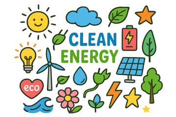 Colorful Clean Energy Icons. Clean Energy. Colorful Hand-drawn doodle Children illustration Clean Energy sun, cloud, leaf, battery, light bulb, solar panel,