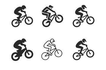 Fototapeta premium Dynamic BMX Logos. BMX riding. Set Logo of BMX riding: biker performing jump trick. harmonious logo variations of the same emblematic concept, each with