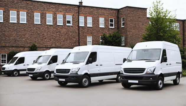 row of white commercial vans parked outside large brick building