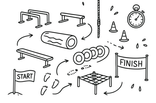 Doodle Obstacle Course. Obstacle course. Hand-drawn doodle illustration obstacle course hurdles, balance beam, tires to step, rope climb, cones, tunnel tube,