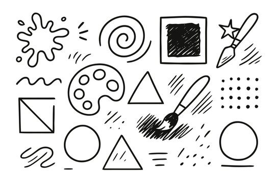 Abstract Doodle Elements. Abstract art. Hand-drawn doodle illustration abstract art paint splash, geometric shapes, swirl, brush, palette knife, strokes,