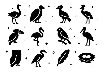 Naklejka premium Savanna Birds Icons. Savanna Birds. Solid icons set of Savanna Birds: ostrich, vulture, secretary bird, crowned crane, hornbill, flamingo, weaver bird, stork,