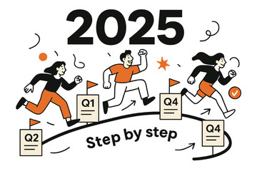 Vision Board. Vision Board ? Year Overview. Big ?? headline anchors a clean timeline; milestone cards pin along with tiny flags. Caption ?Step by step? curves