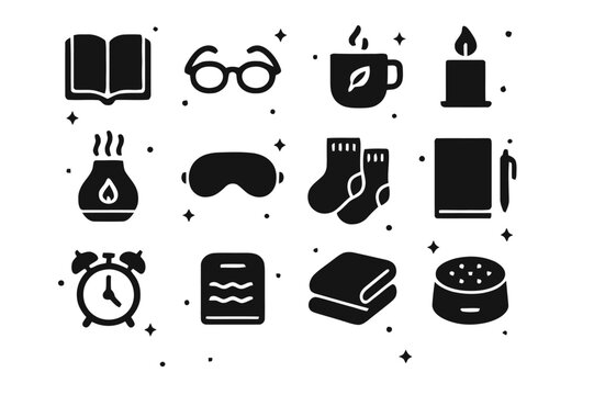 Bedtime Routine Icons. Calming bedtime routine. Solid icons set of Calming bedtime routine: book, reading glasses, herbal tea mug, candle, essential oil