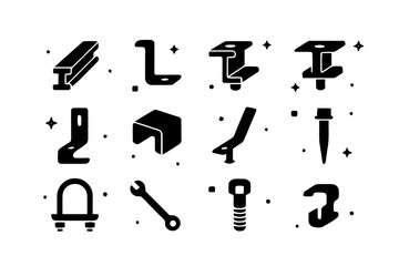 Fototapeta premium Solar Mounting Icons. Solar mounting hardware and racking. Solid icons set of Solar mounting hardware and racking: rail section, L-foot, end clamp, mid clamp,