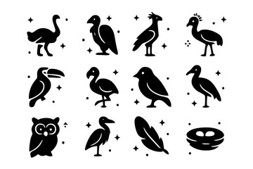 Naklejka premium Savanna Bird Icons. Savanna Birds. Solid icons set of Savanna Birds: ostrich, vulture, secretary bird, crowned crane, hornbill, flamingo, weaver bird, stork,