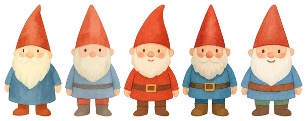 Fototapeta premium PNG Whimsical gnomes in colorful attire, element set on transparent background