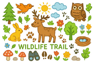 Naklejka premium Wildlife Trail Adventure. Wildlife trail. Colorful Hand-drawn doodle Children illustration Wildlife trail footprints, deer, rabbit, bird, owl, trees,