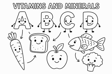 Naklejka premium Vitamin-Food Coloring Fun. Vitamins and minerals children?s coloring book illustration, outlined drawing, smiling letter icons like A, B, C, D next to friendly