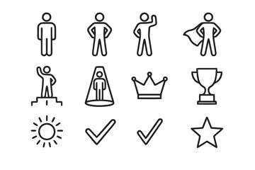 Confident Postures Icons. Body language confidence. Line icon set of body language confidence: person standing tall, arms on hips, raised fist, confident