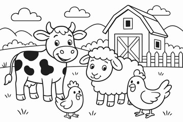 Obraz premium Farm Animals Coloring Page. Farm animals children?s coloring book illustration, outlined drawing, cow, sheep, and chicken near a barn in the countryside,
