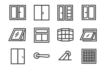 Windows and Doors Icons. Windows and Doors. Line icon set of Windows and Doors: casement window, sliding door, French doors, tilt-and-turn, skylight, transom