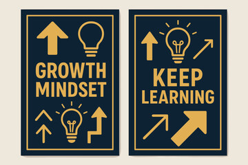 Growth Mindset Banners. Growth mindset. Two vertical A6 banners with safe margins, centered composition, no elements touching edges, bold, navy and gold,