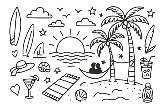 Beach Sunset Doodles. Beach sunset. Hand-drawn doodle illustration beach sunset sun over waves, palm tree, birds, surfboard, hammock, couple silhouette,