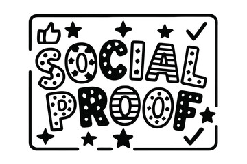 Playful Decorative Lettering. Social Proof ? playful decorative display lettering; patterned letters (dots/stripes/stars), gently arched word-shape; framed