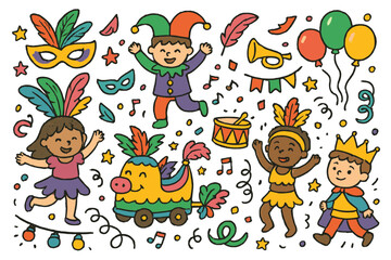 Fototapeta premium Carnival Doodles Extravaganza. Carnival celebration. Colorful Hand-drawn doodle Children illustration Carnival celebration masks, feathers, trumpets, costumes,