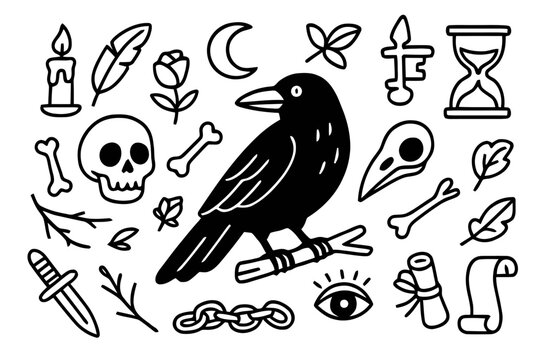 Raven and Skulls Doodle. Raven and skulls. Hand-drawn doodle illustration Raven and skulls human skull, crow skull, feather, candle, bone, rose, branch,