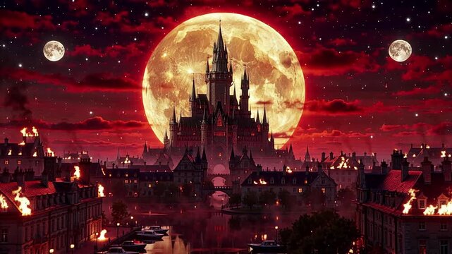gothic castle engulfed in flames under fiery sun and twin moons apocalypse | fantasy, sci-fi, horror, background, concept art theme