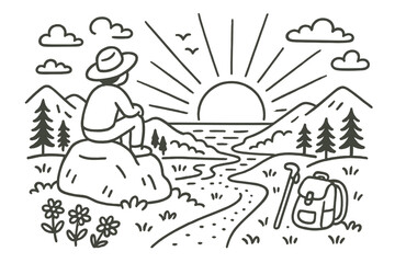 Sunset on the Trail. Sunset Contemplation. Hand-drawn doodle illustration Sunset Contemplation person on rock, sun setting, clouds, mountains, trees, river,