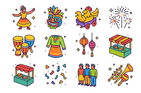 Festive Icon Extravaganza. Festive season. Colorful isometric vector icons set of festive season: traditional dance, festival mask, parade float, fireworks,