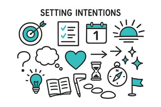 Intentions Symbol Doodle. // Setting intentions. Hand-drawn doodle illustration setting intentions [target symbol (accented), checklist, calendar