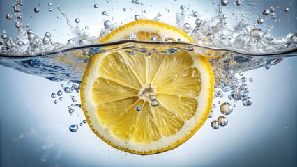 Lemon Slice in Clear Water with Bubbles