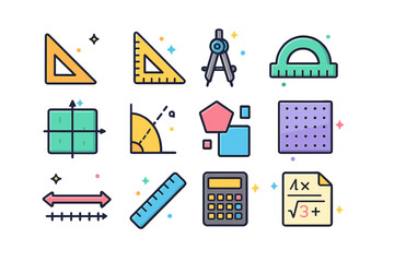 Colorful Geometry Icons. Geometry class. Colorful isometric vector icons set of Geometry class: right triangle, set square, compass, protractor, coordinate